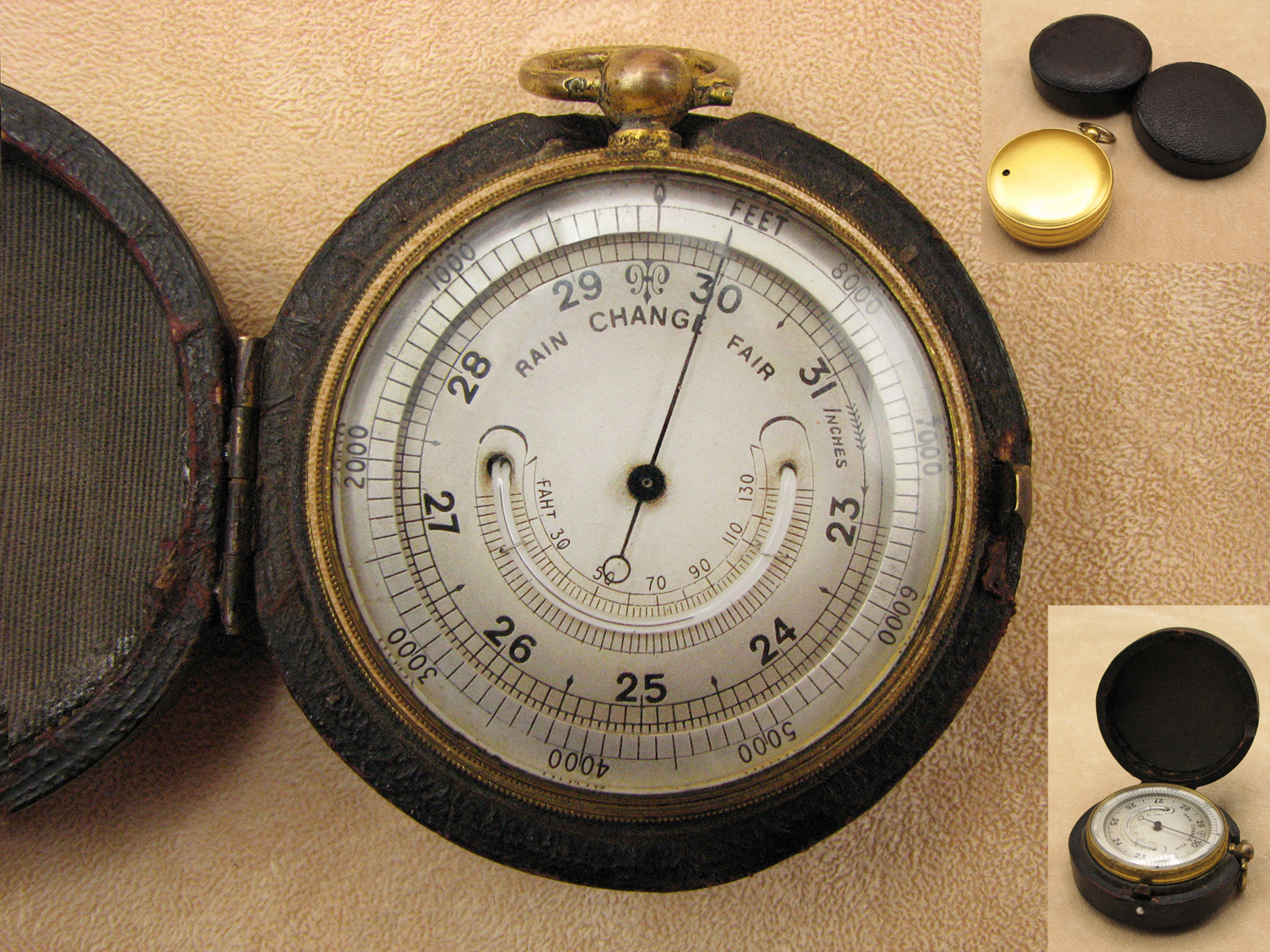 19th Century pocket barometer with curved thermometer in case